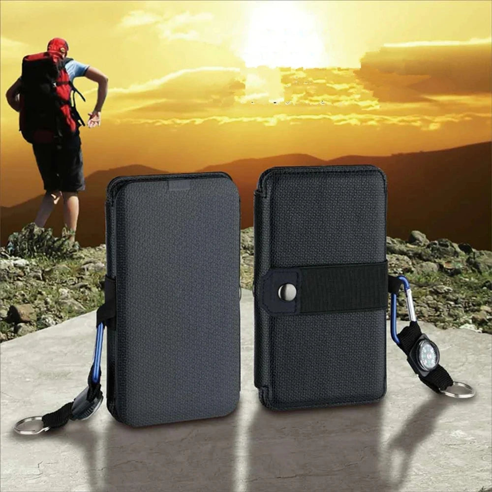 Carregador solar portátil dobrável para camping, trilhas, mochilão e viagens, ideal para carregar smartphones. Saída USB de 5V 2.4A.