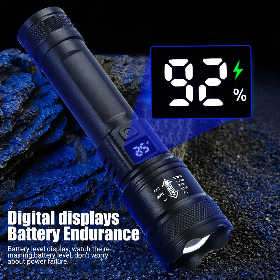 Lanterna LED de alta potência 2000LM, lanterna tática com visor, carregamento USB, para camping, pesca e emergências. Possui zoom.