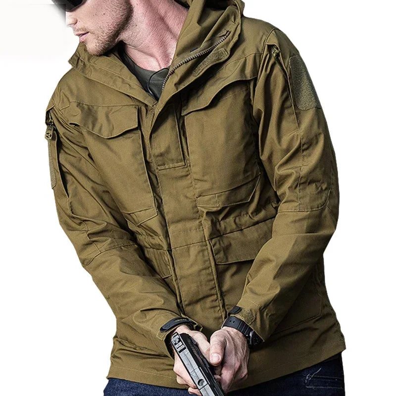 Jaqueta corta-vento tática casual M65 UK US para homens, impermeável, estilo piloto de voo, com capuz, para caça e campo.