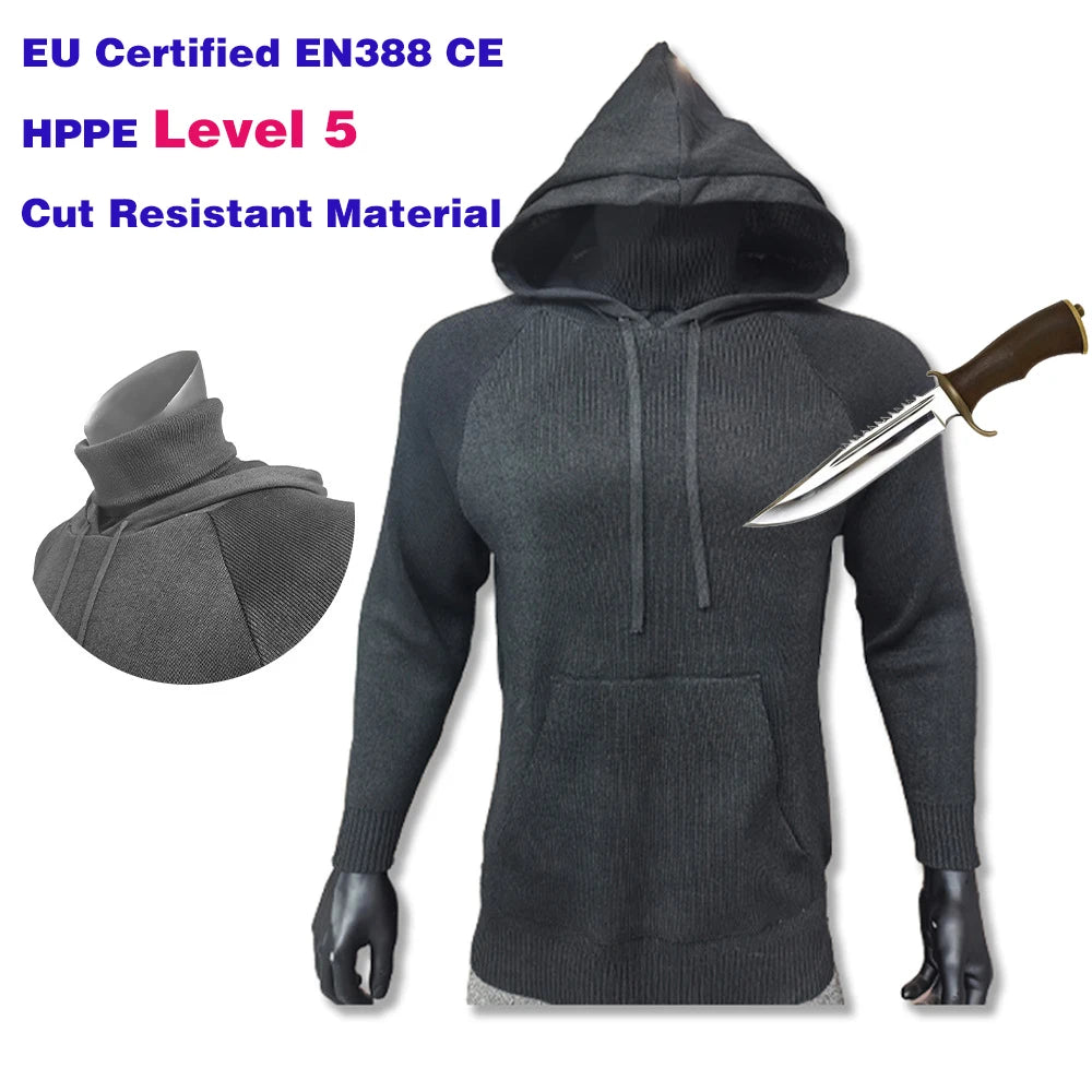 Roupa com capuz e proteção para o pescoço, nível 5 de proteção contra cortes, em conformidade com as normas EN388 e CE da UE. Ideal para atividades ao ar livre, autodefesa e resistência a cortes.