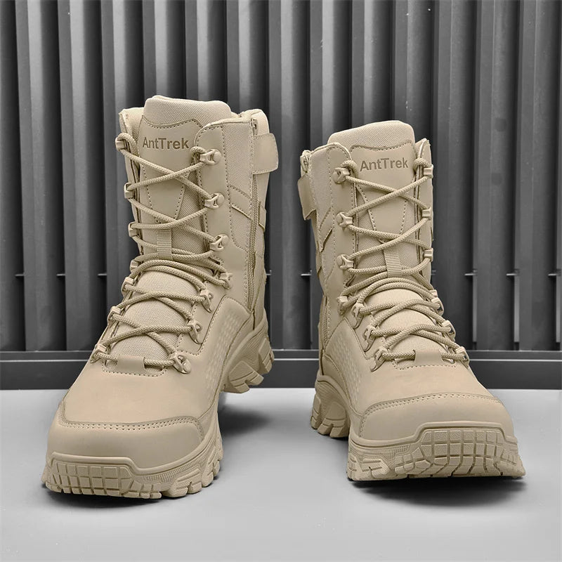 Botas de cano alto tamanho grande para homem, botas táticas militares de treinamento, impermeáveis e antiderrapantes para uso externo em montanhas e desertos.