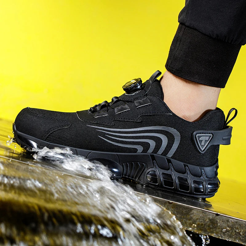 Sapatos de segurança masculinos com fecho rotativo, resistentes a impactos e perfurações, calçados esportivos modernos e profissionais de segurança.