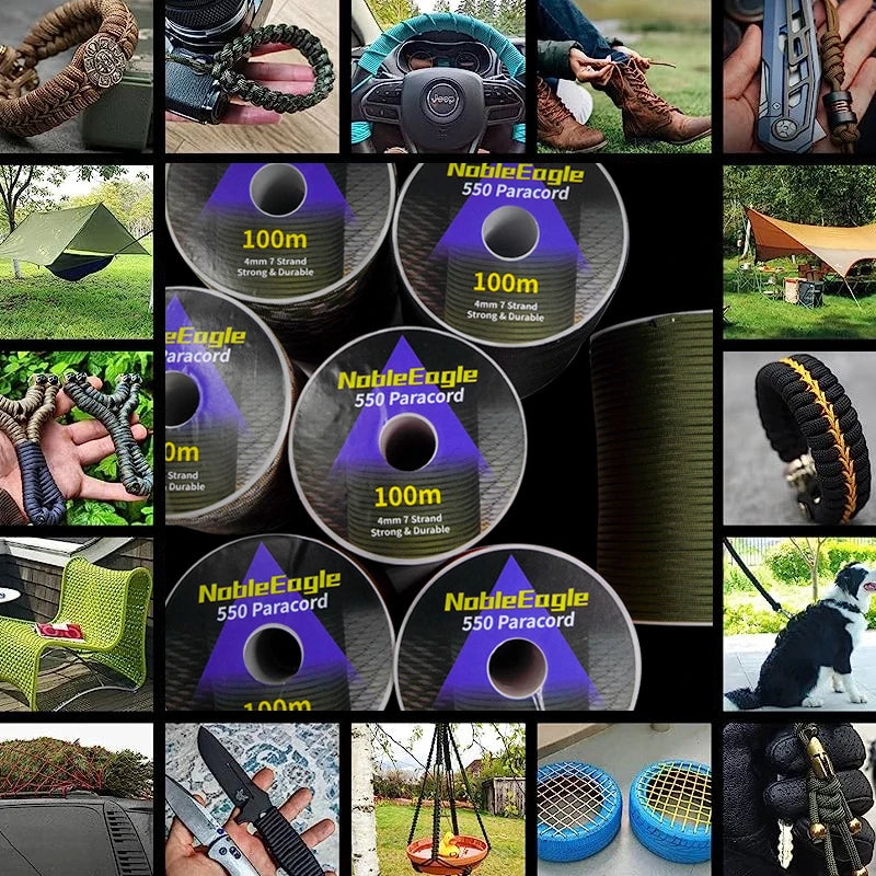 Corda de paracord militar 550, 100 m, 50 m, 31 m, 7 fios, 4 mm, corda de paraquedas, equipamento de sobrevivência para camping e atividades ao ar livre, confecção de pulseiras, corda para barraca.