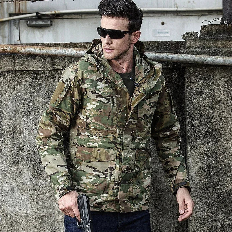 Jaqueta corta-vento tática casual M65 UK US para homens, impermeável, estilo piloto de voo, com capuz, para caça e campo.