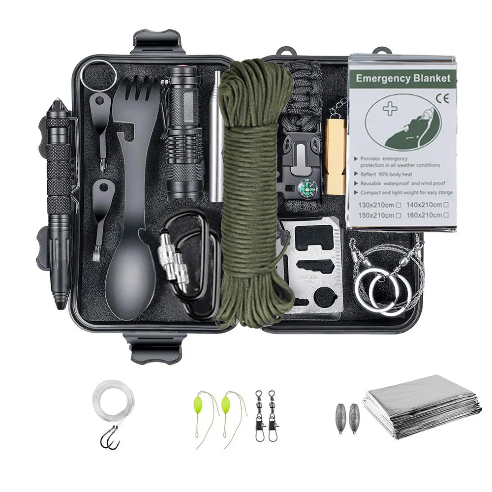 Kit de sobrevivência profissional para emergências, equipamento multifuncional de defesa tática para camping, primeiros socorros, SOS e aventuras na natureza.