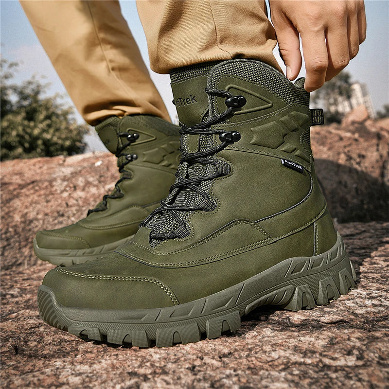 Botas de escalada masculinas para atividades ao ar livre, cano alto, impermeáveis, antiderrapantes, pretas, tamanho grande, botas táticas, tamanho 45, botas de caminhada com cadarço, tamanho 47.