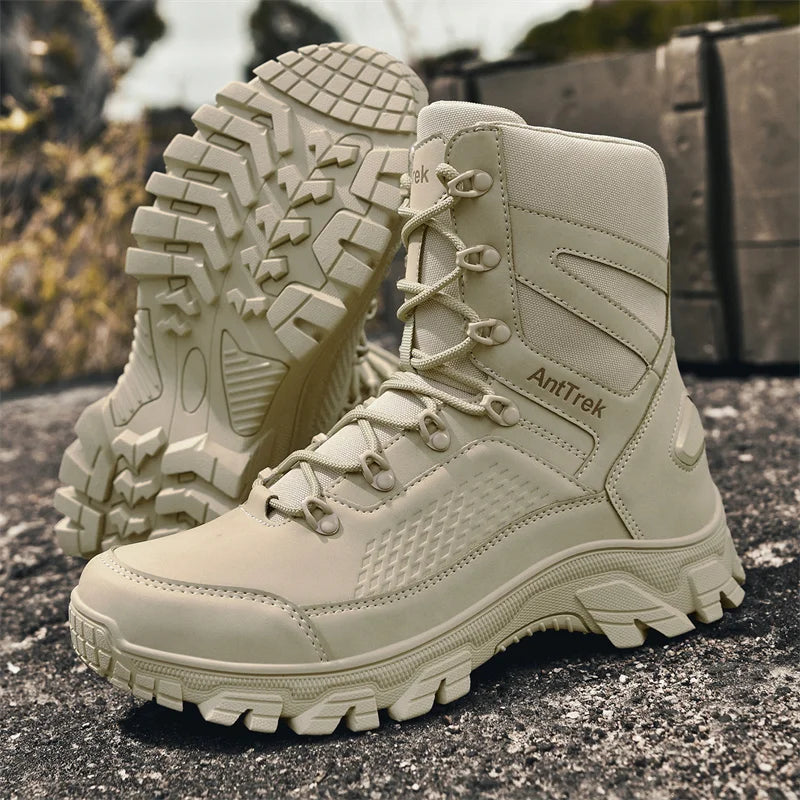 Botas de cano alto tamanho grande para homem, botas táticas militares de treinamento, impermeáveis e antiderrapantes para uso externo em montanhas e desertos.