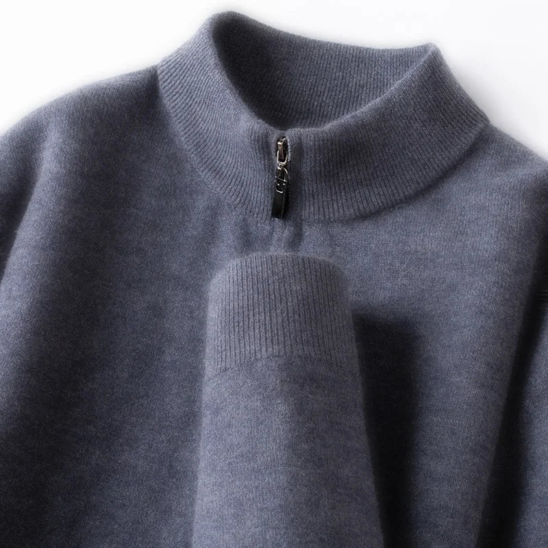 Suéter 100% lã merino australiana, 350g, gola alta grossa com zíper, térmico e respirável.