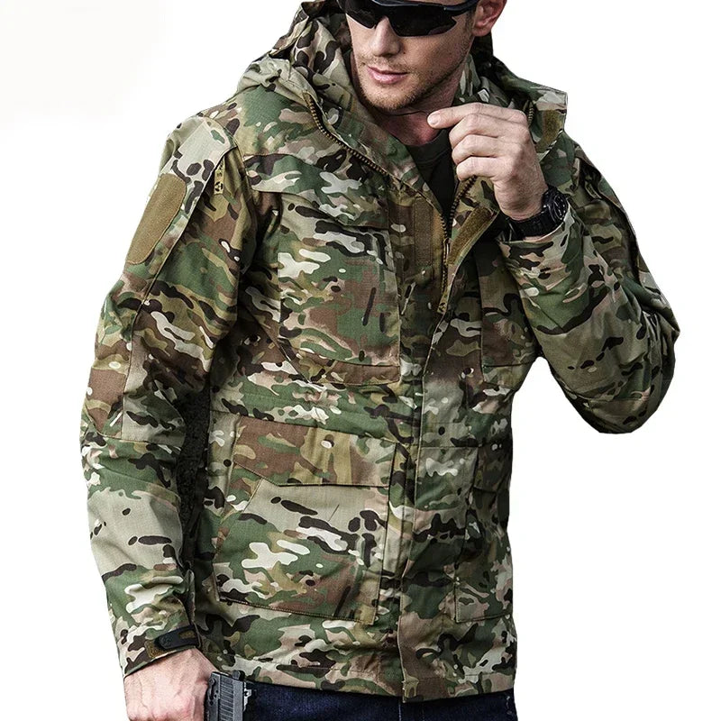 Jaqueta corta-vento tática casual M65 UK US para homens, impermeável, estilo piloto de voo, com capuz, para caça e campo.