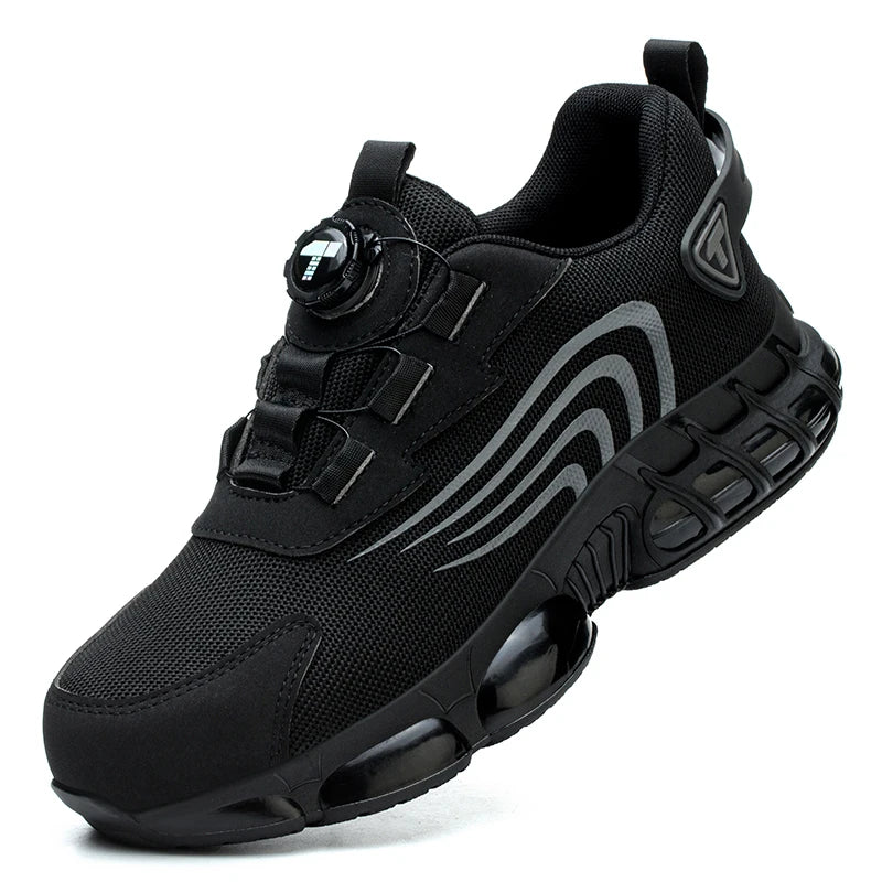 Sapatos de segurança masculinos com fecho rotativo, resistentes a impactos e perfurações, calçados esportivos modernos e profissionais de segurança.