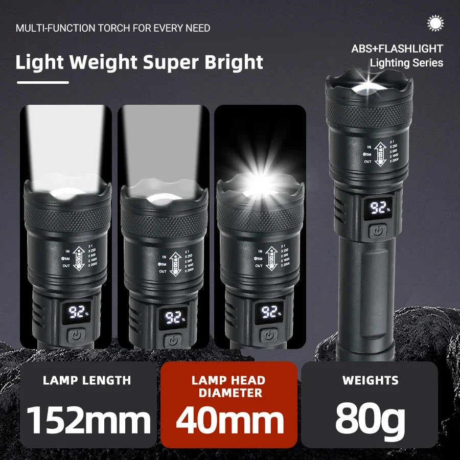 Lanterna LED de alta potência 2000LM, lanterna tática com visor, carregamento USB, para camping, pesca e emergências. Possui zoom.