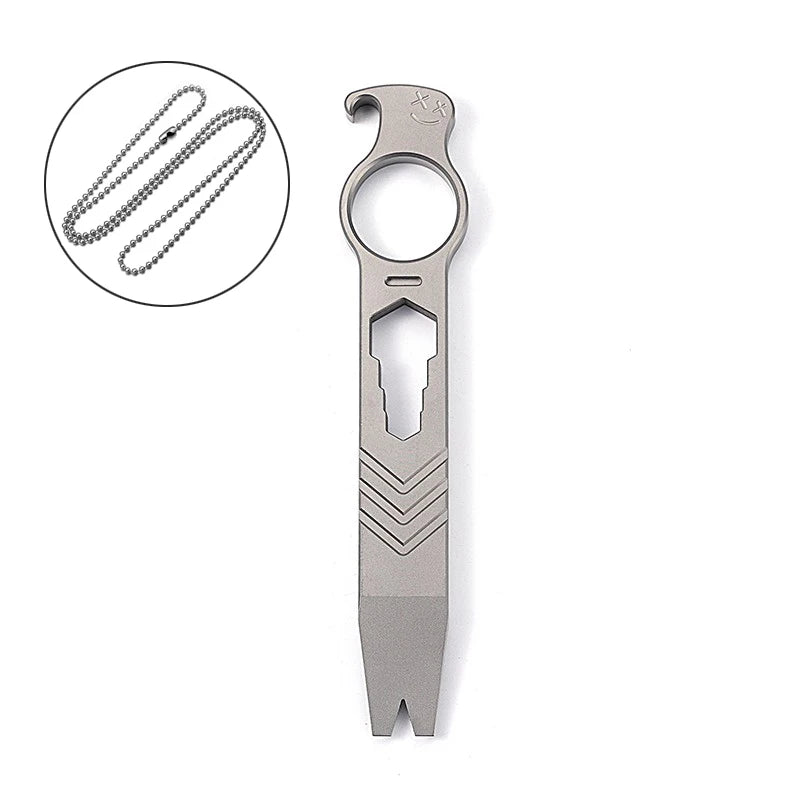 Pé de cabra multifuncional em liga de titânio com corrente para o pescoço, abridor de garrafas, chave inglesa, ferramenta de sobrevivência para atividades ao ar livre, equipamento EDC para camping, presente para homens.