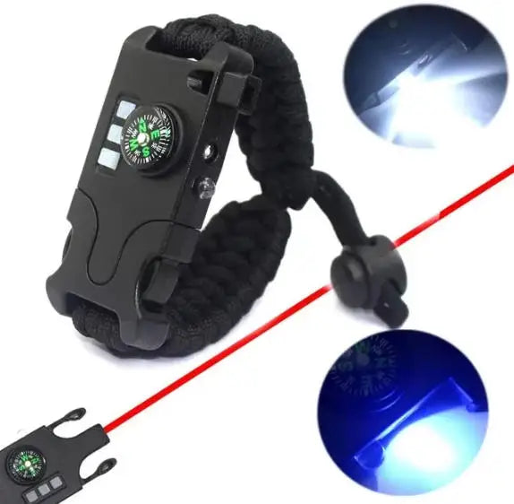 Pulseira tática de sobrevivência com laser, infravermelho, lanterna LED SOS, lâmpada UV, bússola, apito de resgate e kit de equipamentos de emergência.