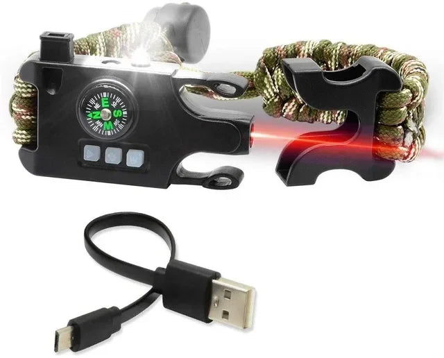Pulseira tática de sobrevivência com laser, infravermelho, lanterna LED SOS, lâmpada UV, bússola, apito de resgate e kit de equipamentos de emergência.