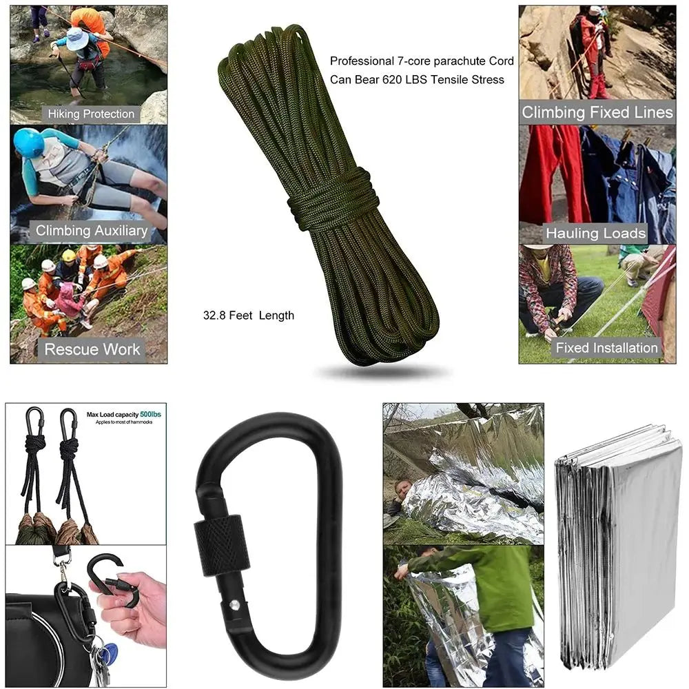 Kit de sobrevivência profissional para emergências, equipamento multifuncional de defesa tática para camping, primeiros socorros, SOS e aventuras na natureza.
