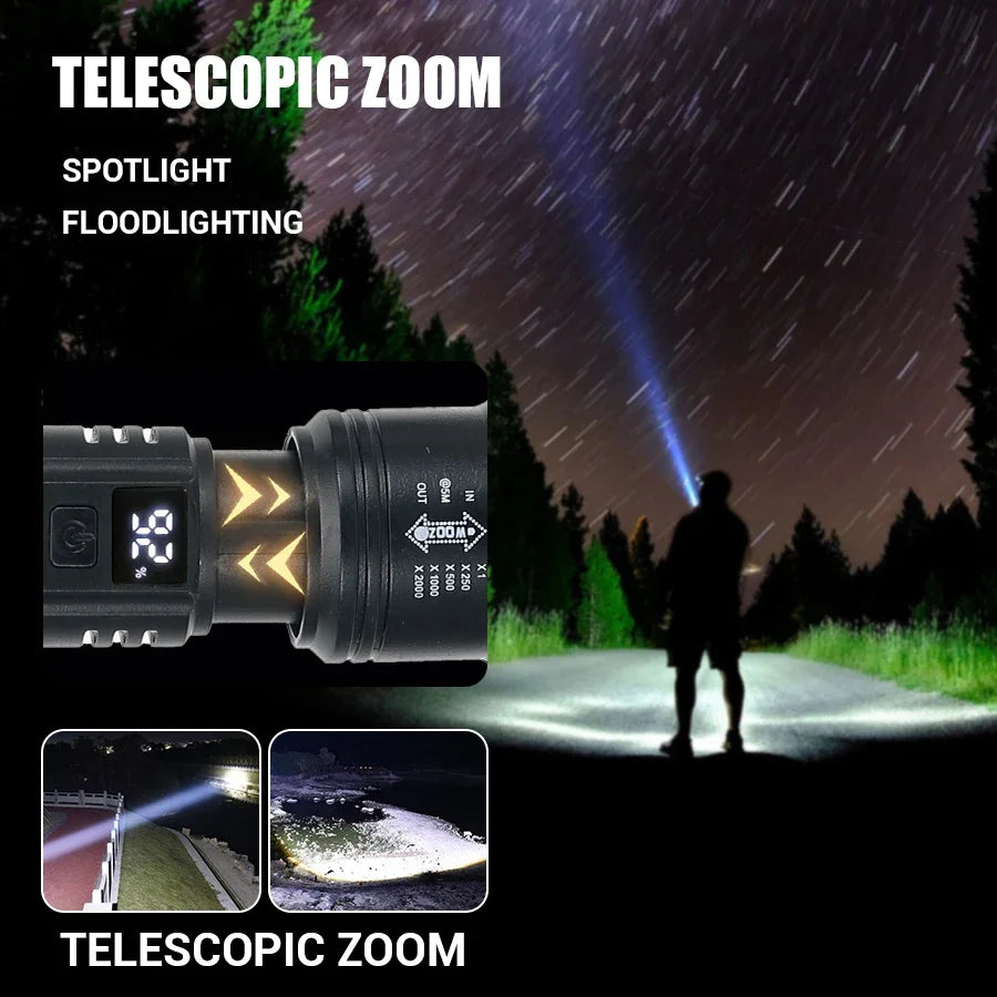Lanterna LED de alta potência 2000LM, lanterna tática com visor, carregamento USB, para camping, pesca e emergências. Possui zoom.