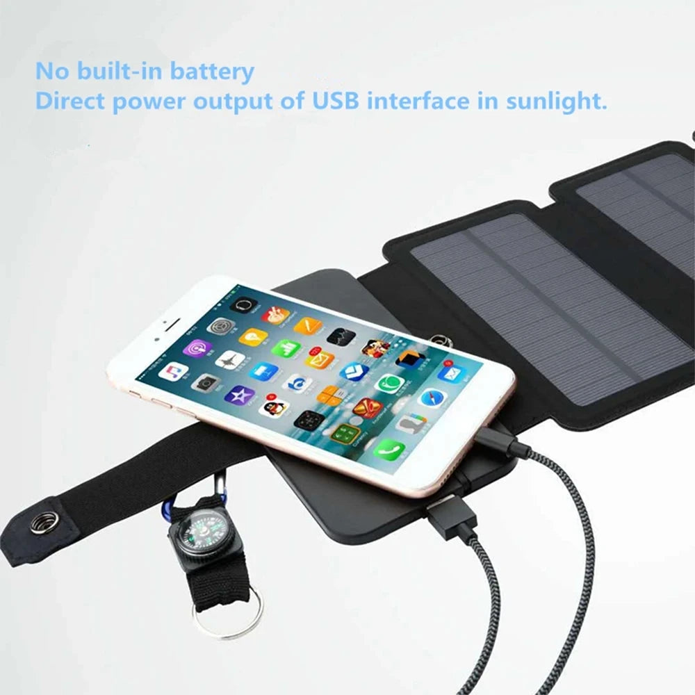 Carregador solar portátil dobrável para camping, trilhas, mochilão e viagens, ideal para carregar smartphones. Saída USB de 5V 2.4A.