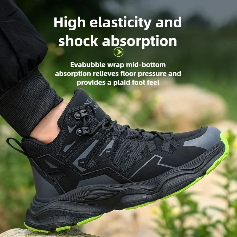 Botas de segurança leves e duráveis, resistentes a impactos e perfurações, confortáveis e respiráveis, ideais para uso externo.
