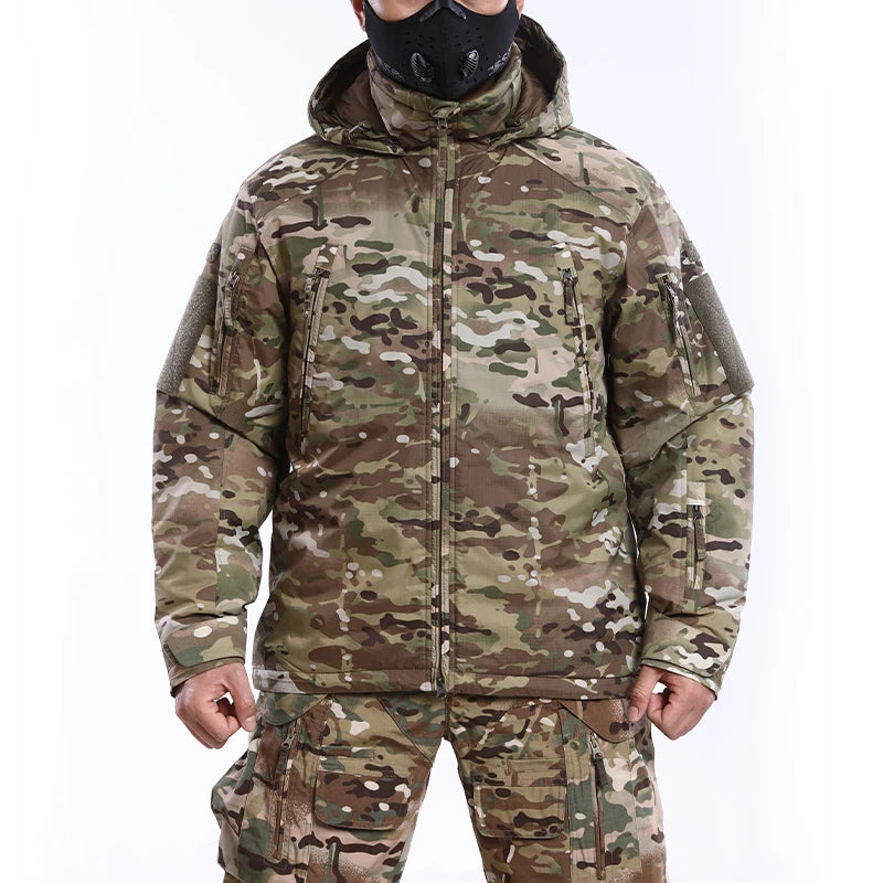 Jaqueta Tática de Inverno 4.0 Corta-Vento Grossa, Impermeável e Quente com Capuz para Homens, Ideal para Camping, Caminhadas e Caça.
