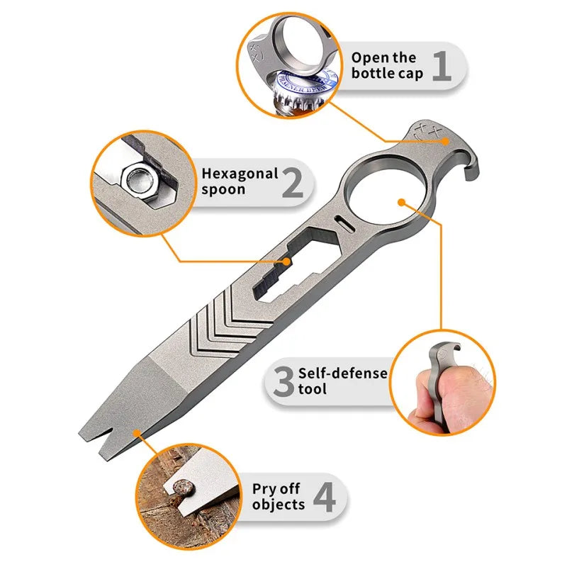 Pé de cabra multifuncional em liga de titânio com corrente para o pescoço, abridor de garrafas, chave inglesa, ferramenta de sobrevivência para atividades ao ar livre, equipamento EDC para camping, presente para homens.