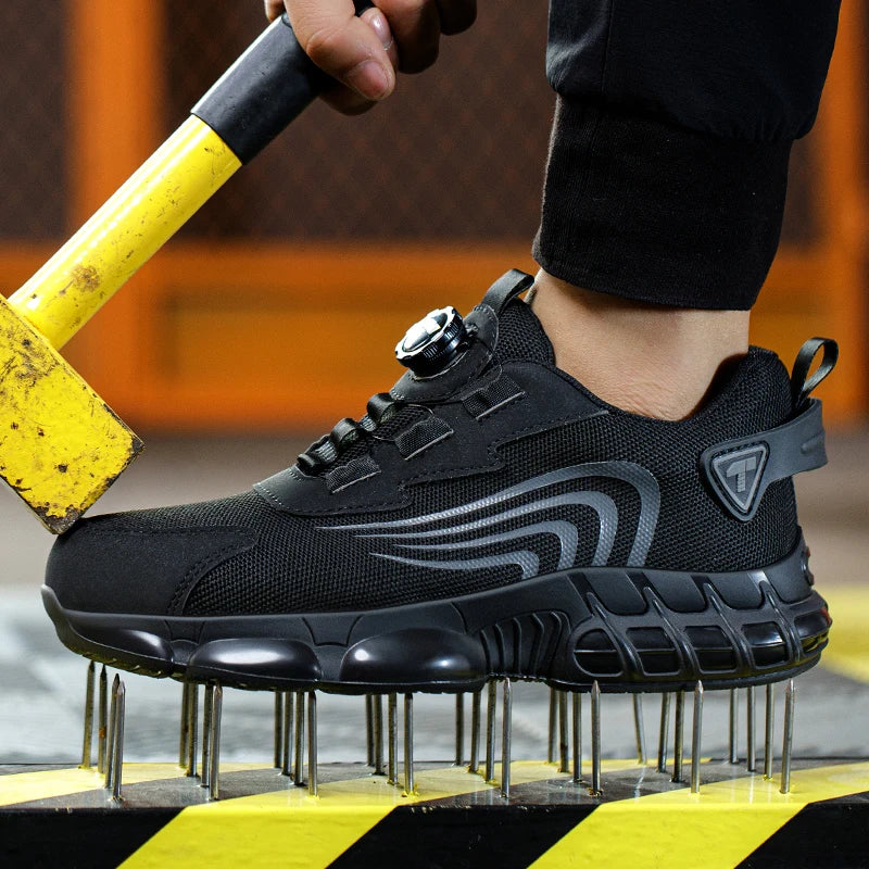 Sapatos de segurança masculinos com fecho rotativo, resistentes a impactos e perfurações, calçados esportivos modernos e profissionais de segurança.